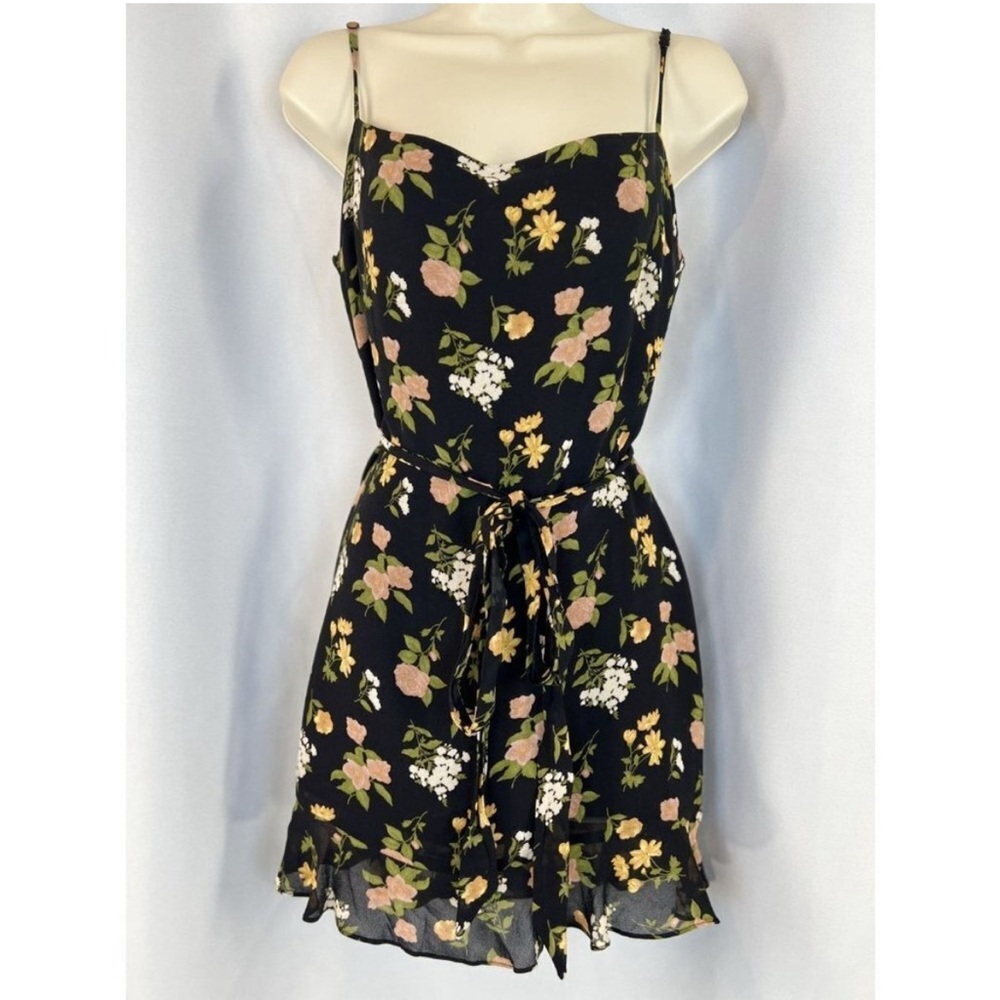 Reformation Soleil Mini Floral Black Dress with detachable belt